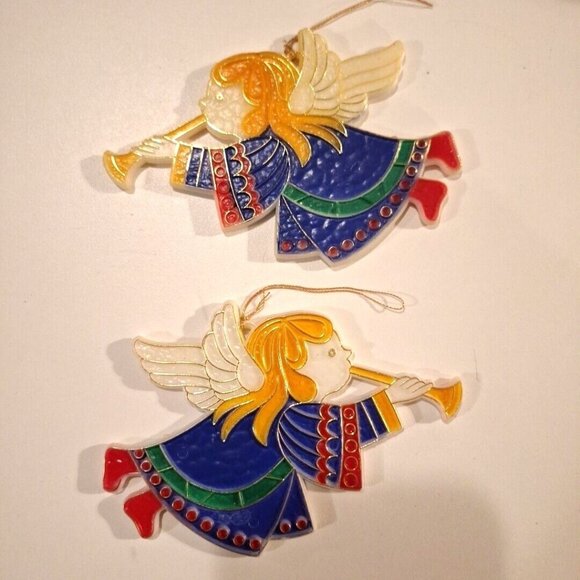 Hong Kong Other - Angel Playing Trumpet Flat Plastic Hanging Christmas Ornament Vintage Hong Kong